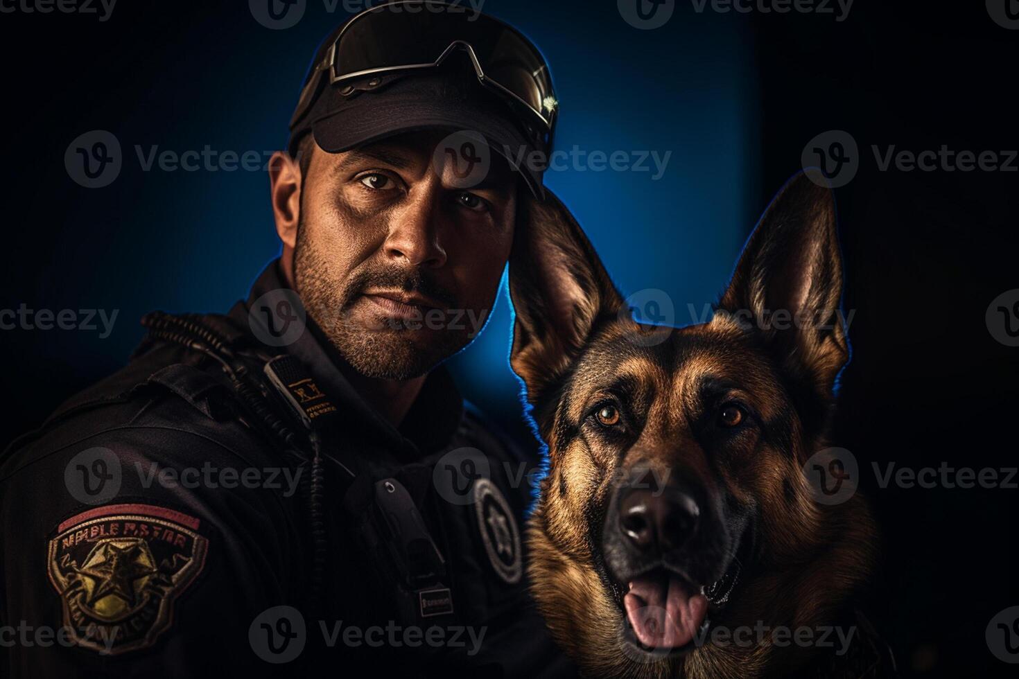 policeman with his german shepard with photo