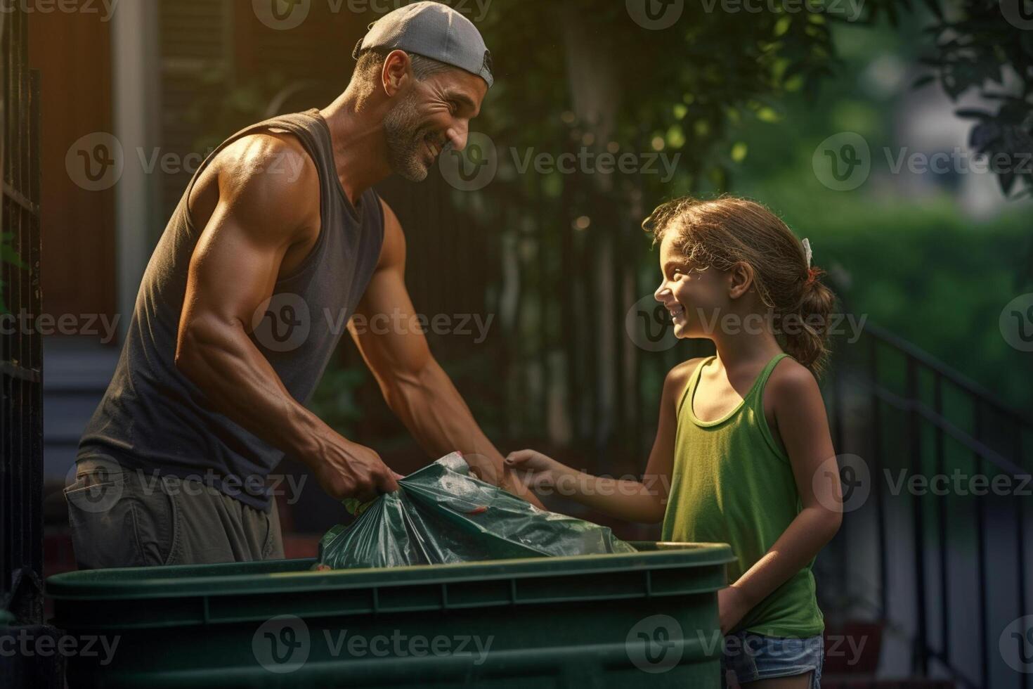 happy father and daughter collect garbage from a green recycling bin at the household with photo