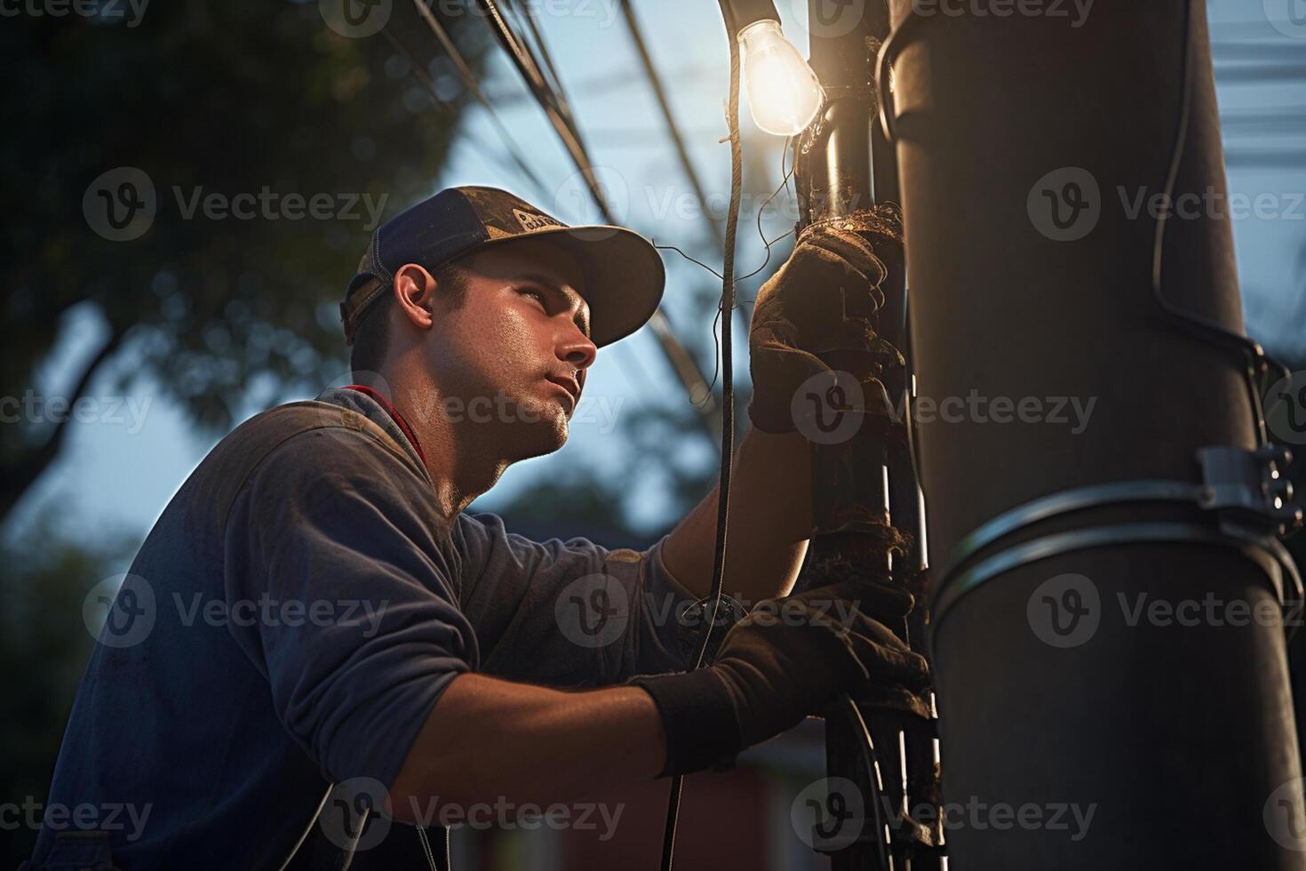 a electrician fixing power pole with photo