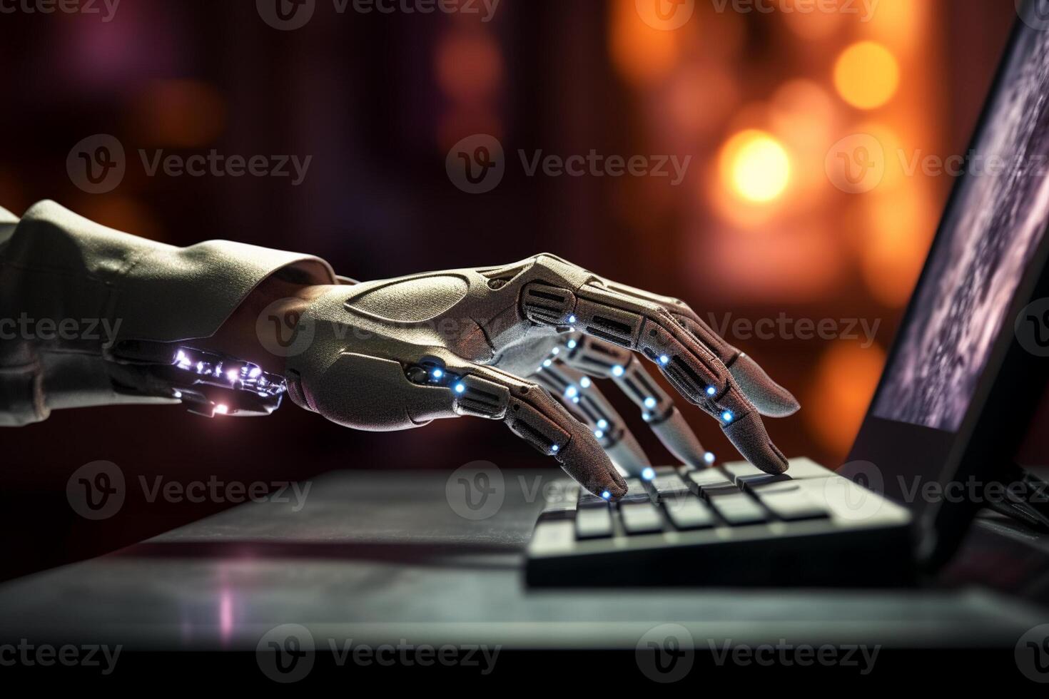 a person is using an artificial hand on their computer with photo