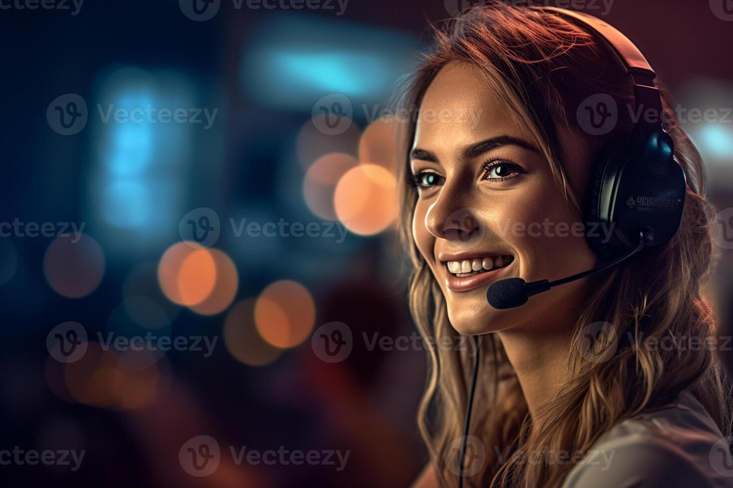 smiling female call center operator working in an office with photo