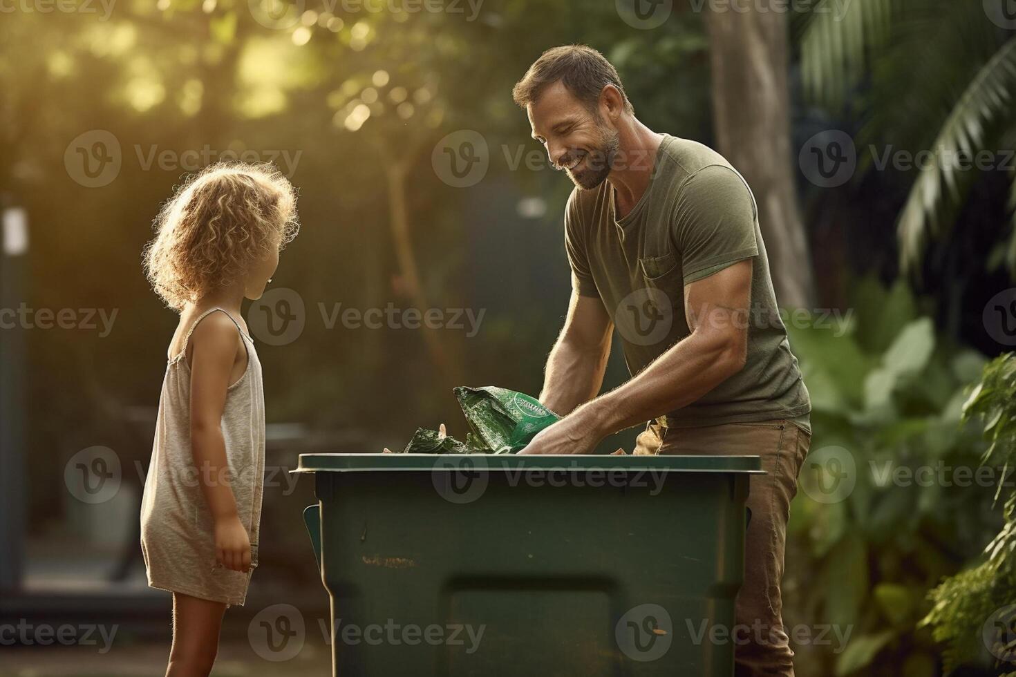 happy father and daughter collect garbage from a green recycling bin at the household with photo