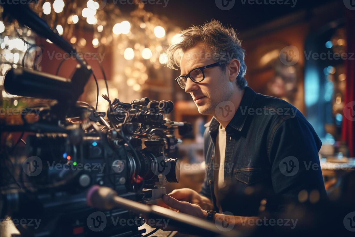 director speaks on the set of a movie production with photo