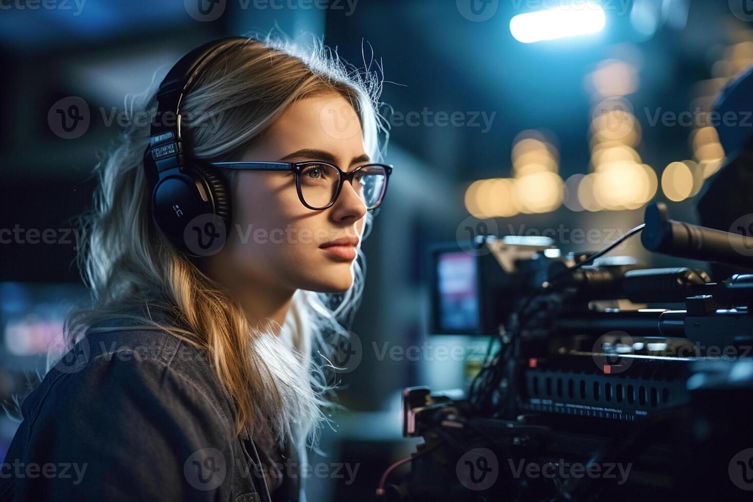 female director speaks on the set of a movie production with photo