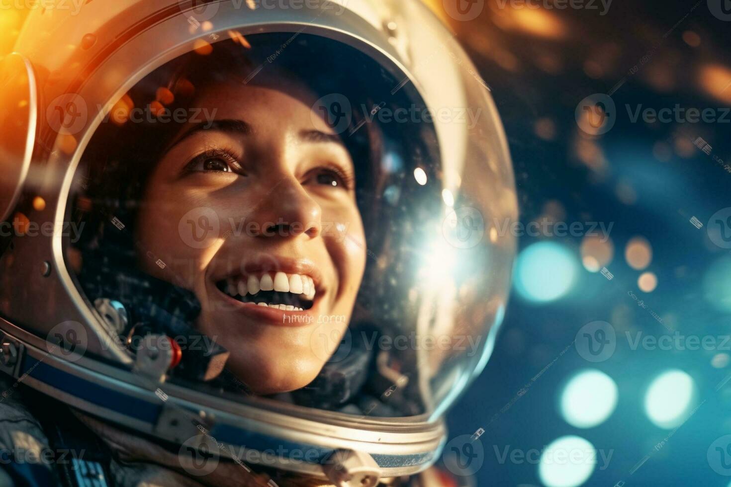 a happy astronaut woman in space helmet and space theme with Generative AI photo
