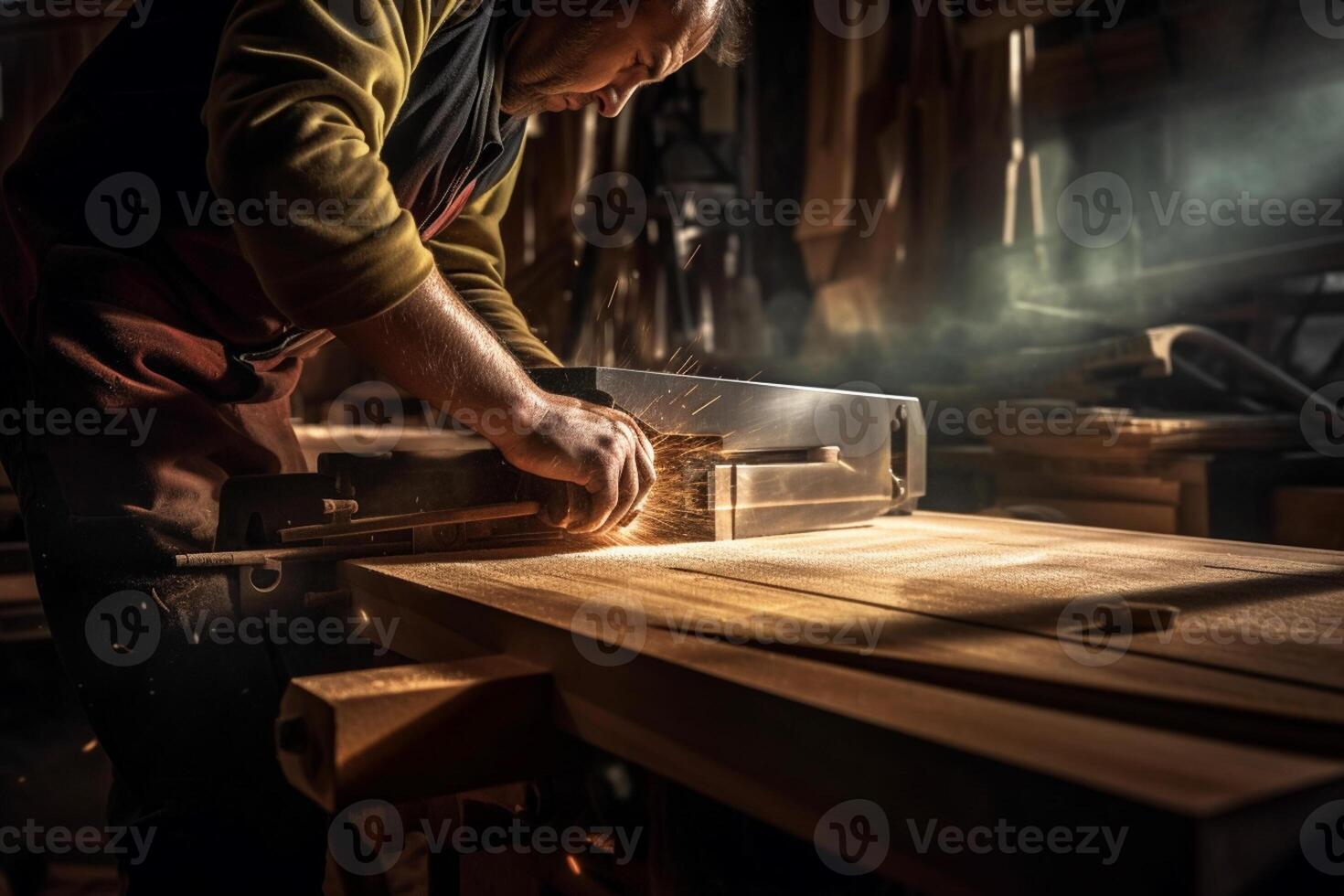 carpenter using a saw on wood in the workshop with photo
