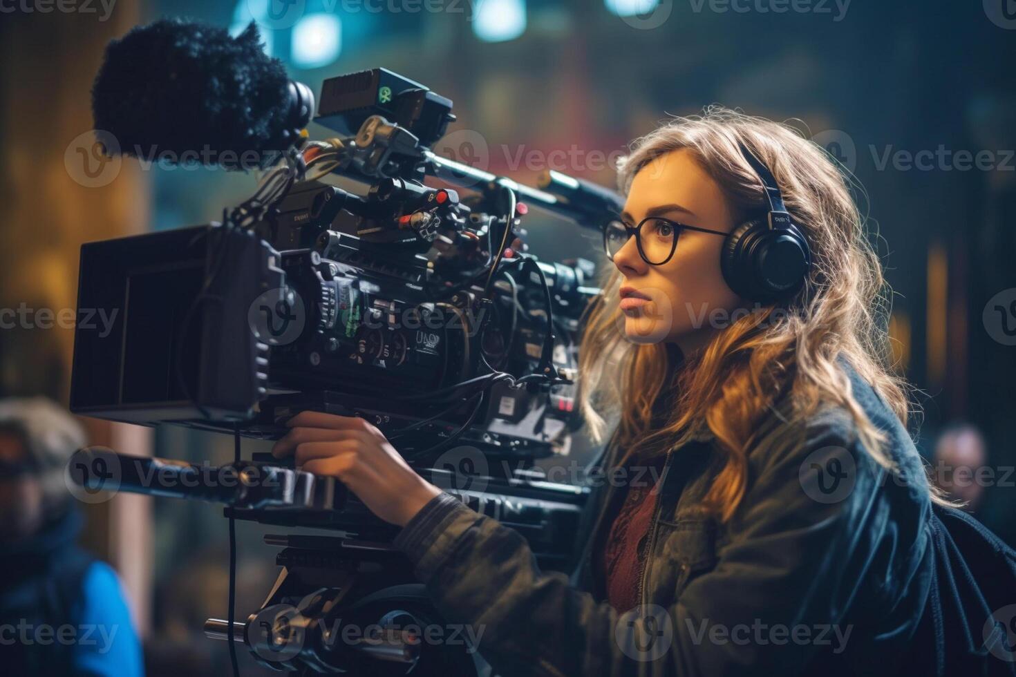female director speaks on the set of a movie production with photo