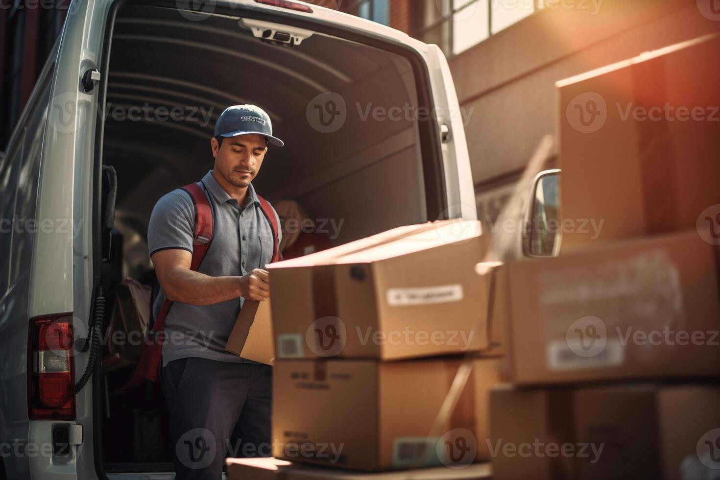 a man loading a van loading boxes with an unloading truck with photo
