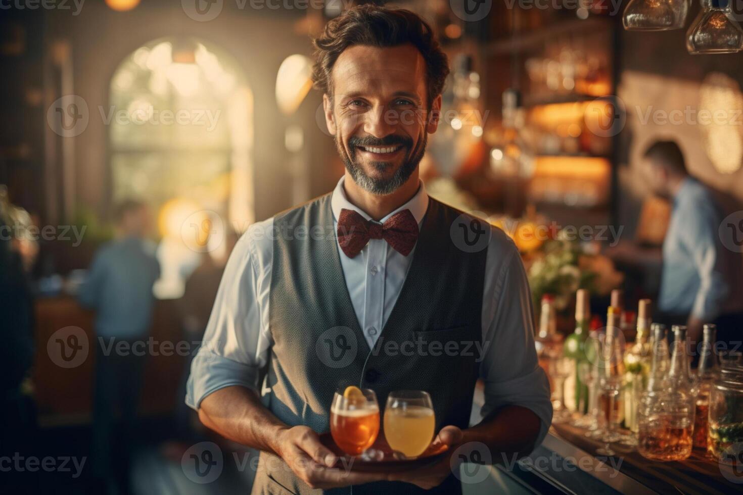 a happy male waiter holding tray with a cocktail with photo