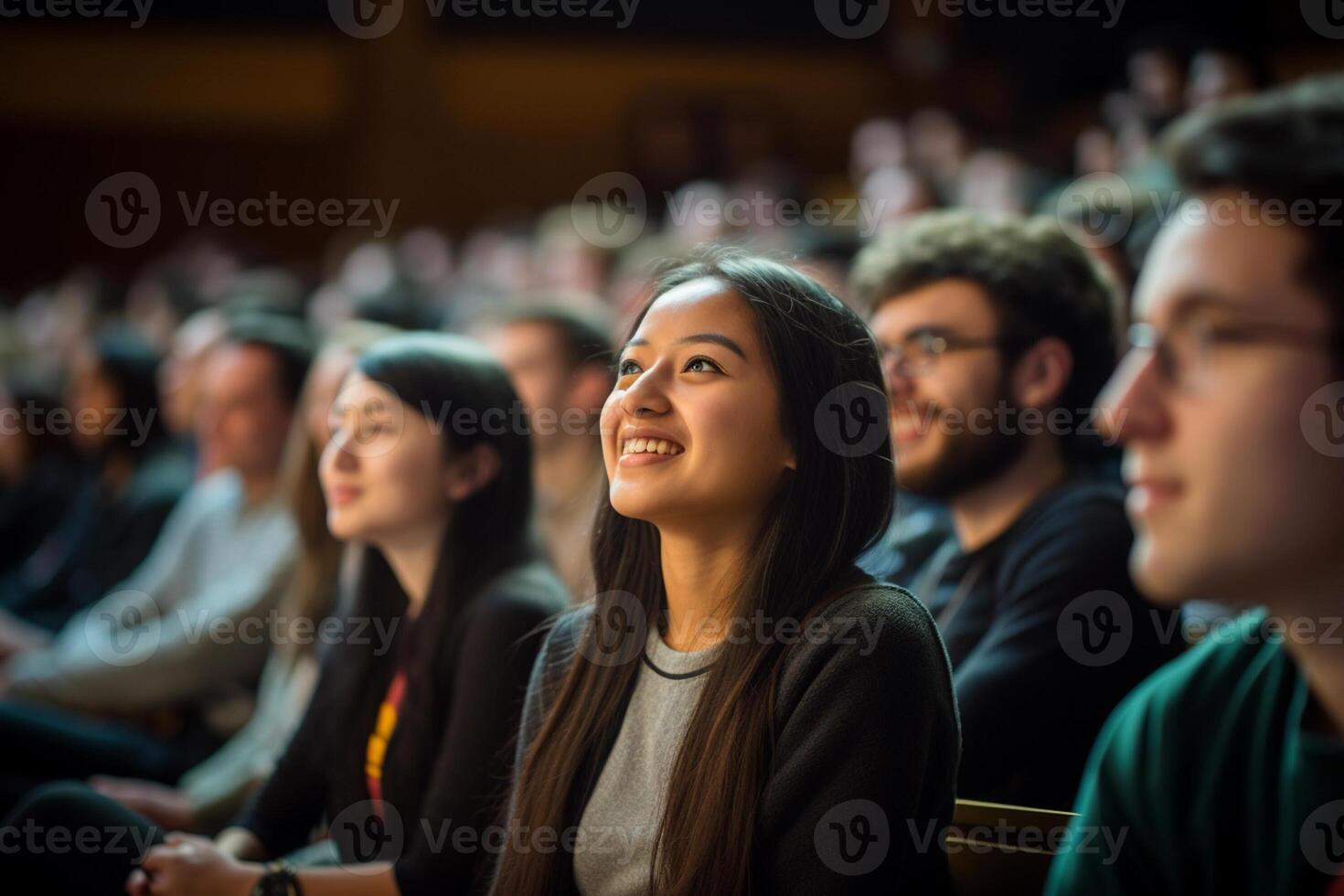 students listening to lecture at a lecture theatre with photo