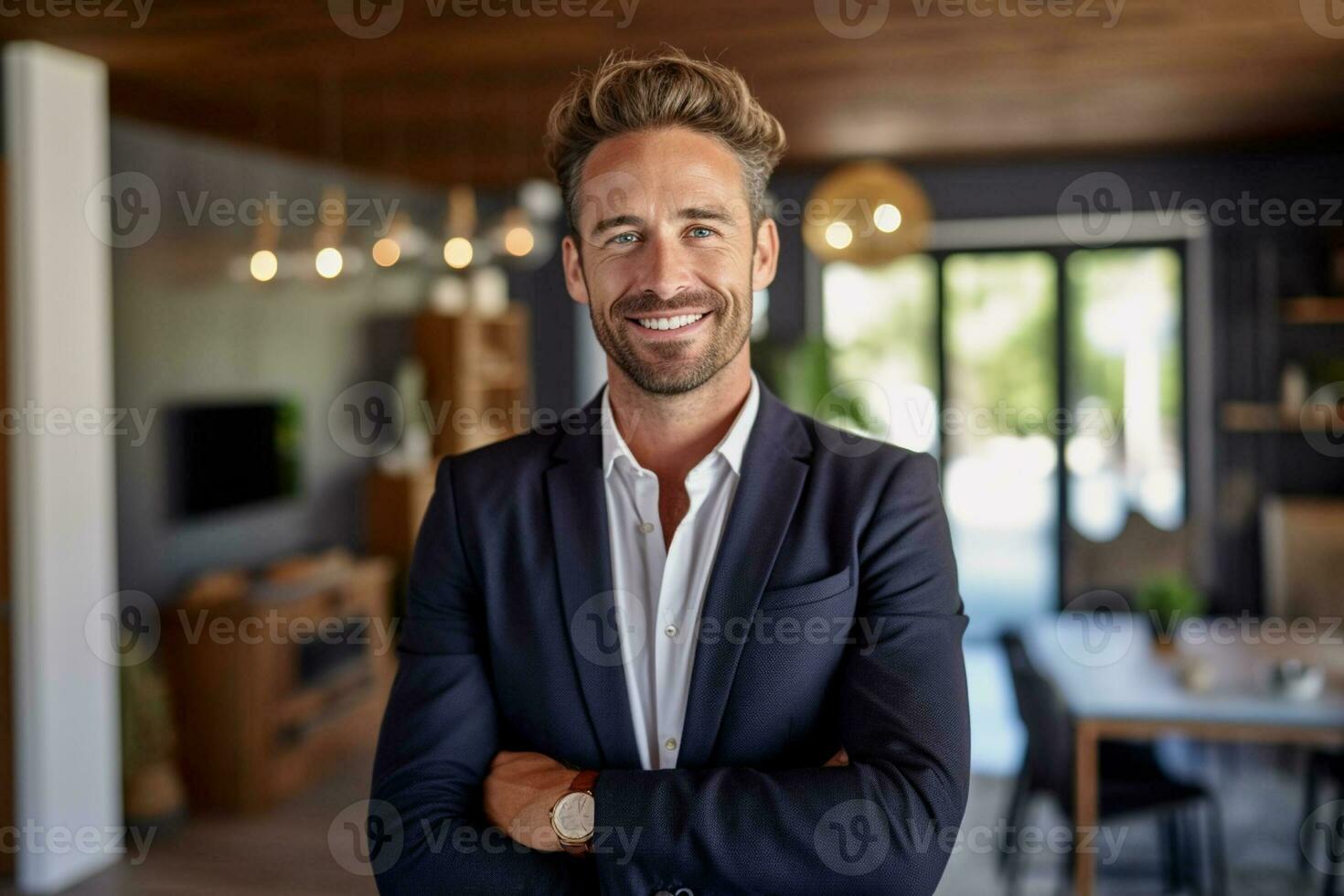 sonriente masculino real inmuebles agente en un traje soportes en nuevo hogar con generativo ai foto