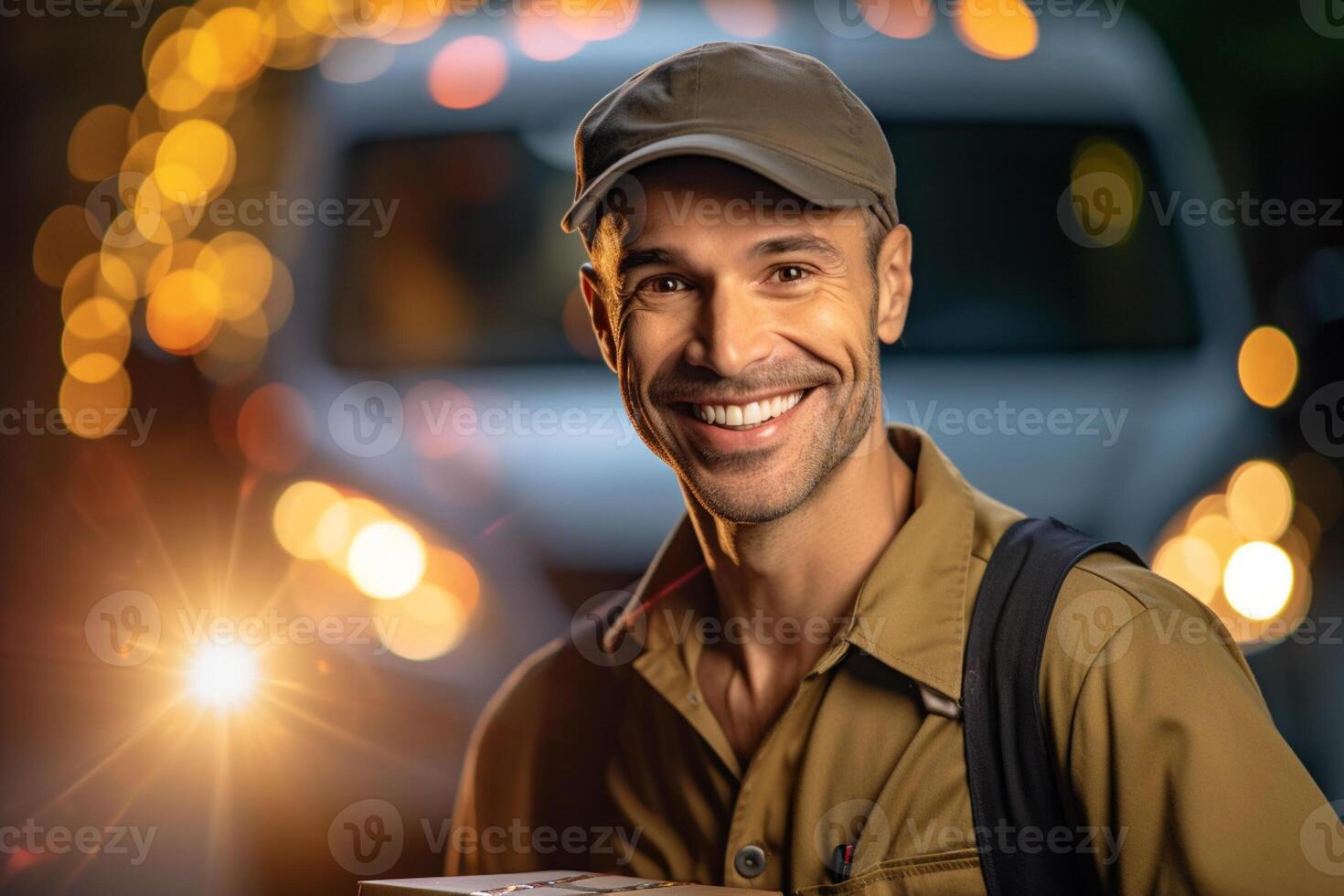 smiling delivery man is holding a package outside a delivery van with photo