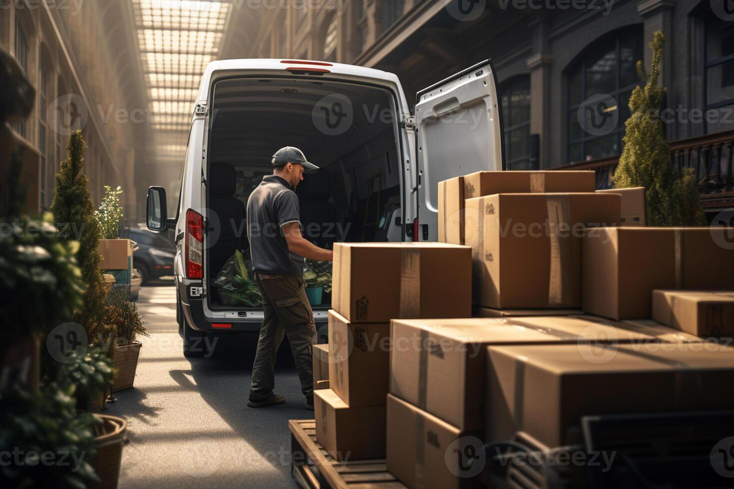 a man loading a van loading boxes with an unloading truck with photo