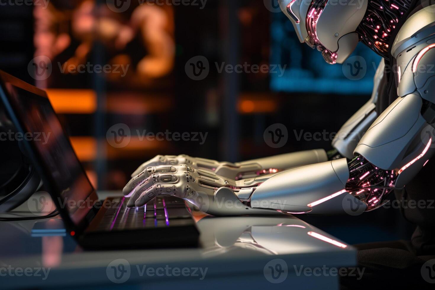 a person is using an artificial hand on their computer with photo