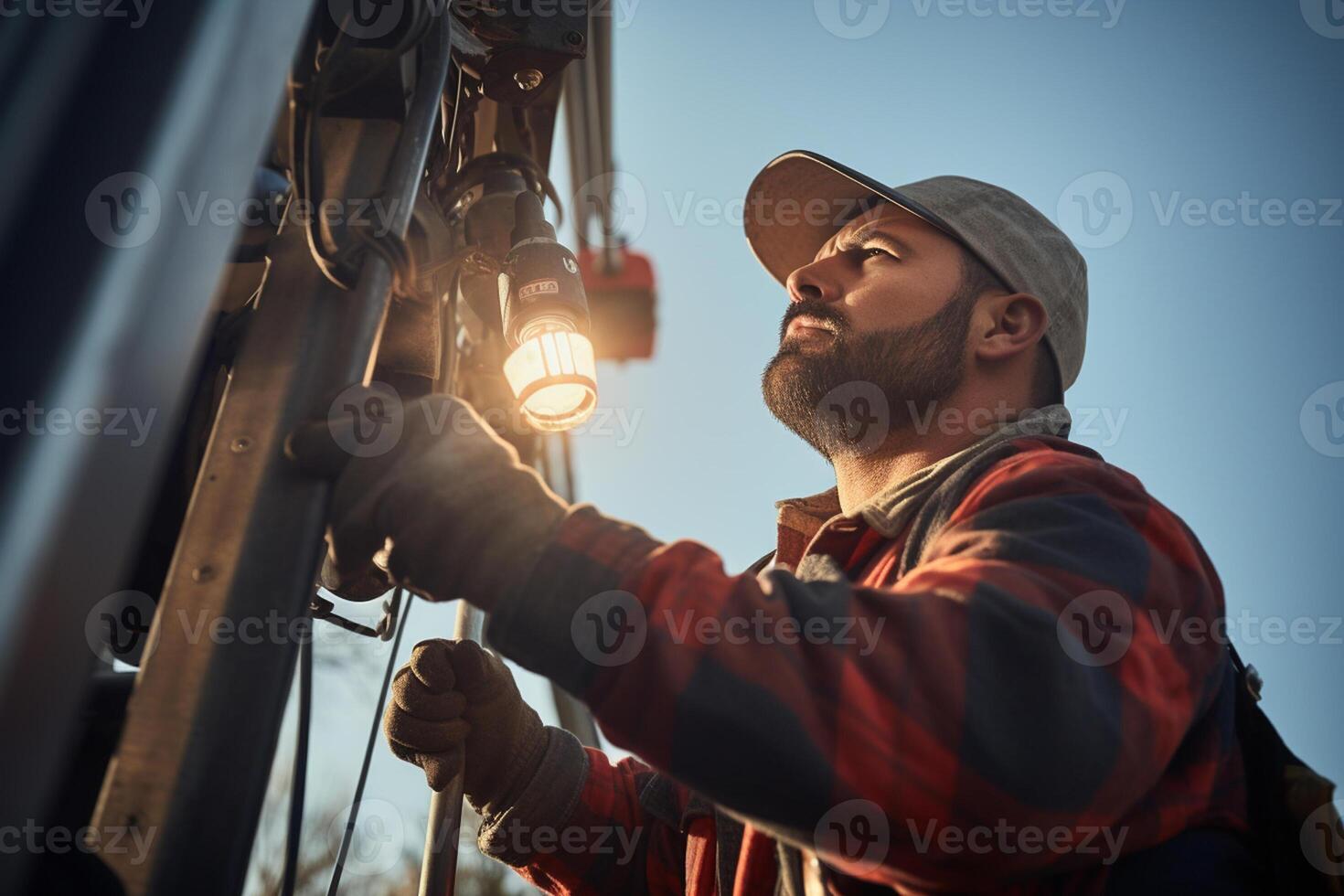 a electrician fixing power pole with photo