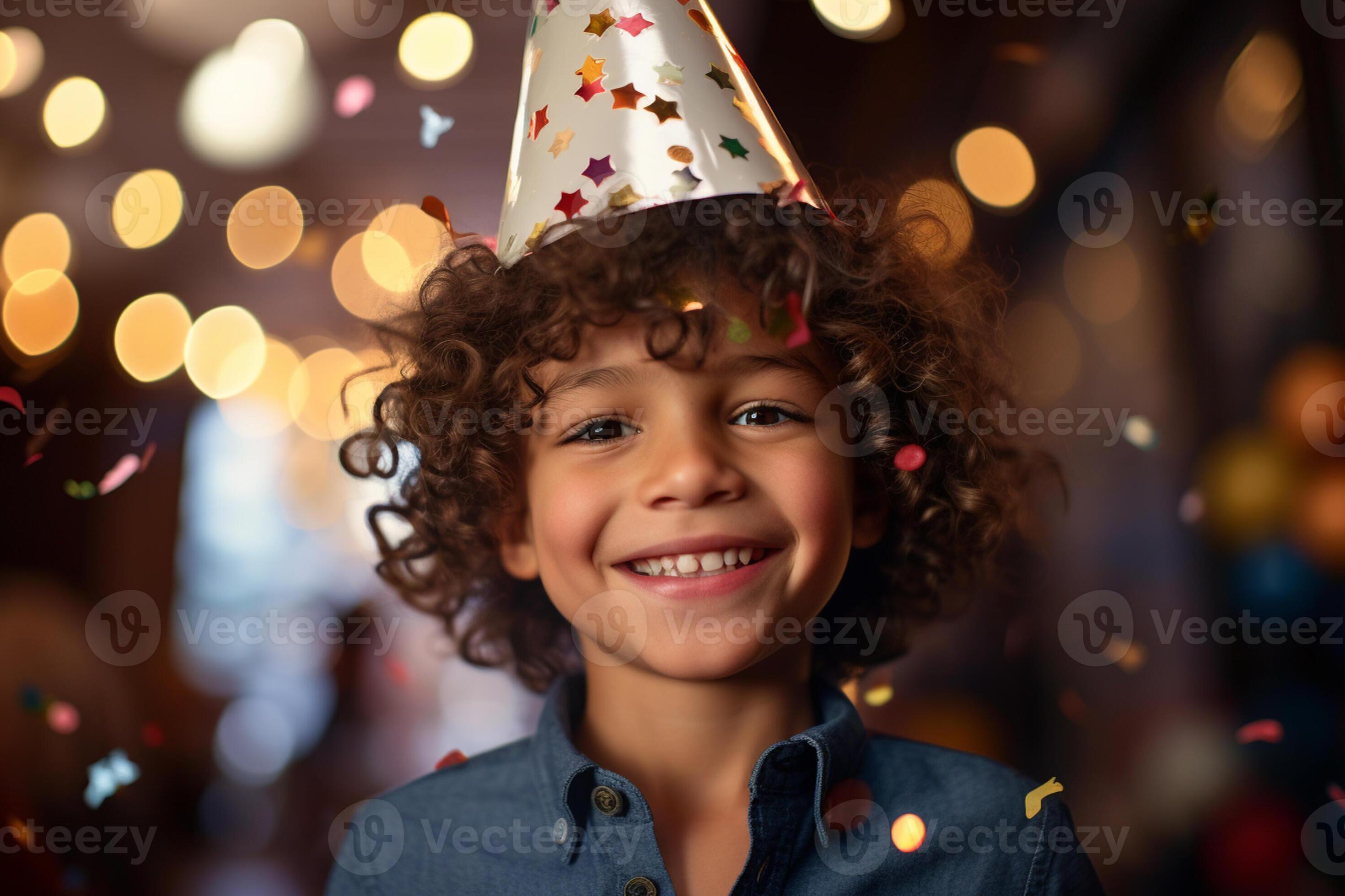young boy smiling in party hat and holding a confetti with Generative