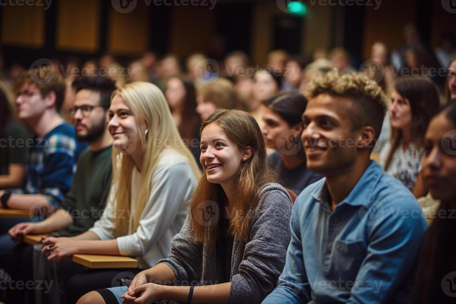 students listening to lecture at a lecture theatre with photo