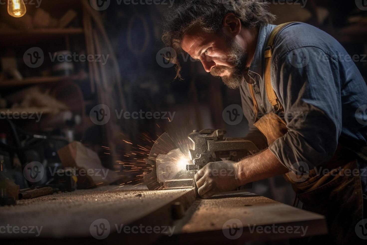carpenter using a saw on wood in the workshop with photo