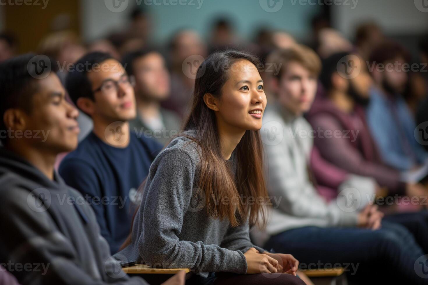 students listening to lecture at a lecture theatre with photo