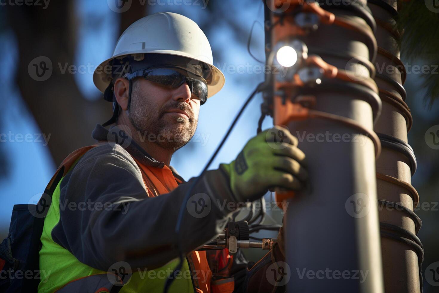 a electrician fixing power pole with photo