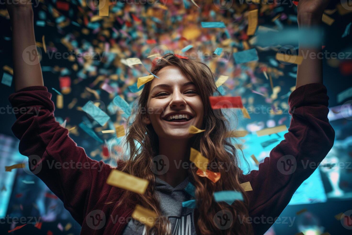 a happy female winner on stage holding trophy in his hands with colorful light confetti with photo