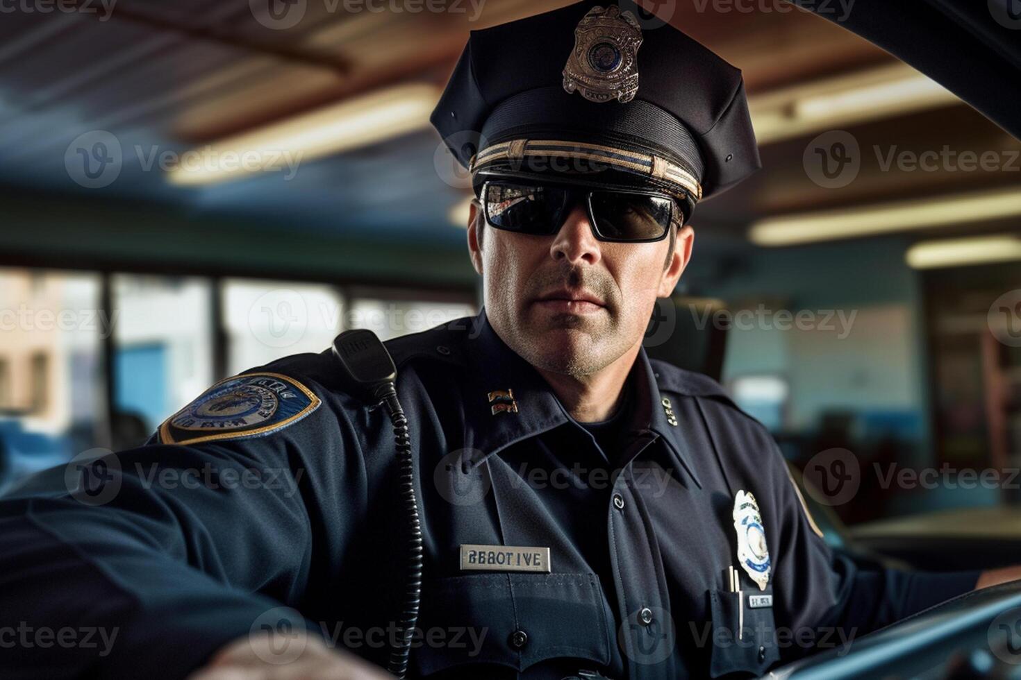 male police officer speaking on the radio with police car behind him with photo