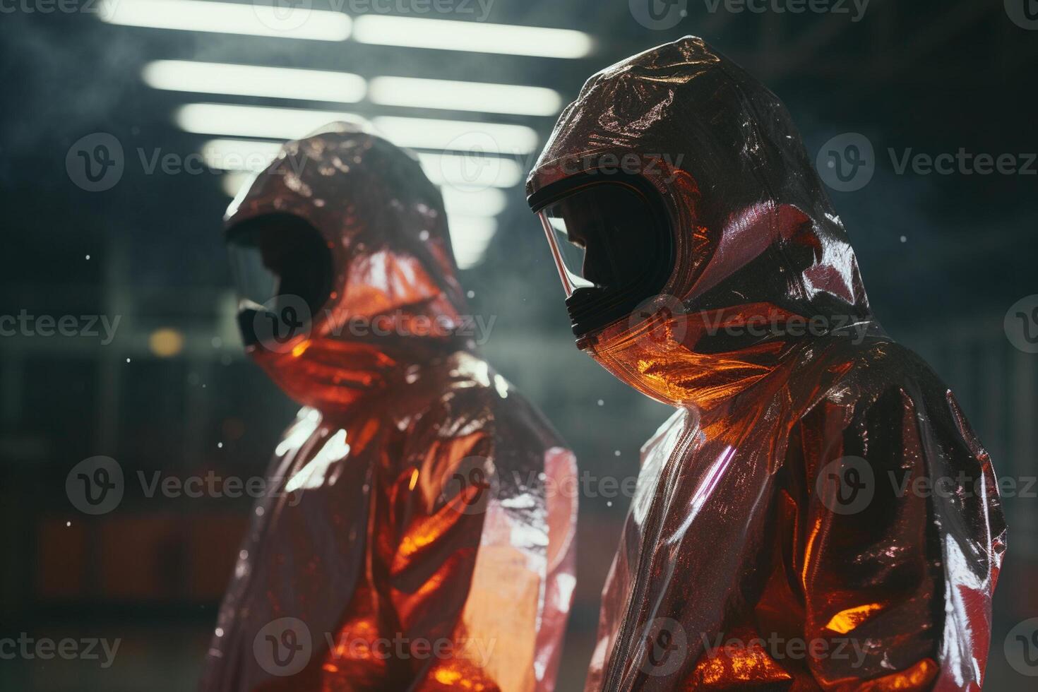 two engineering workers in protective suit standing in a factory with photo