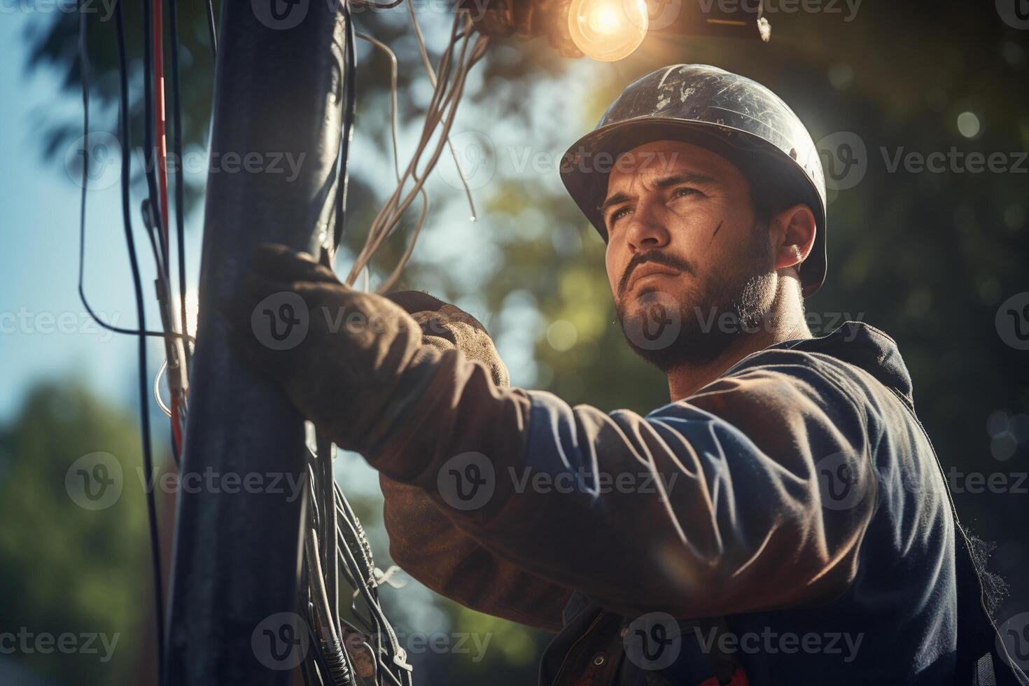 a electrician fixing power pole with photo