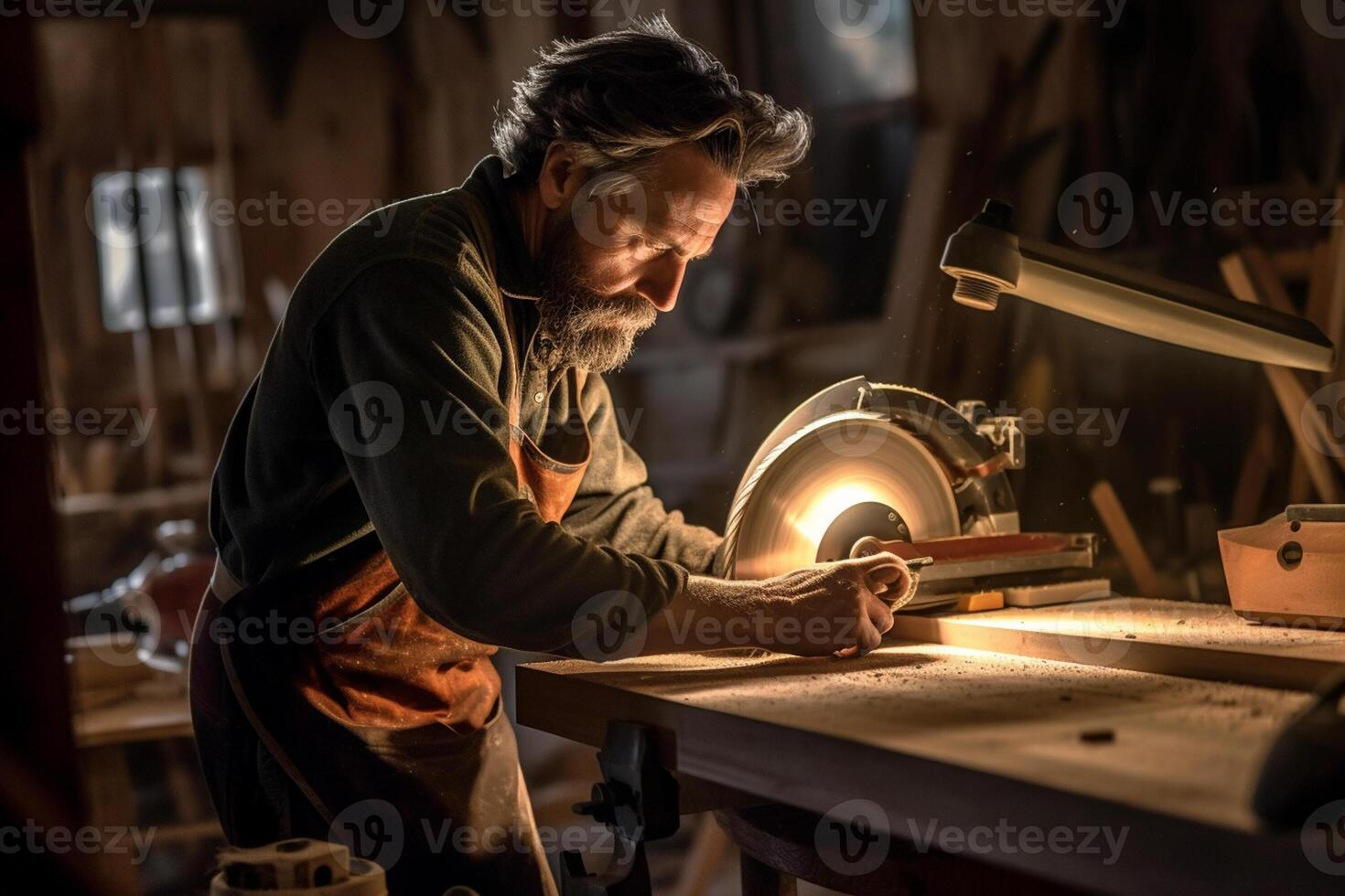 carpenter using a saw on wood in the workshop with photo