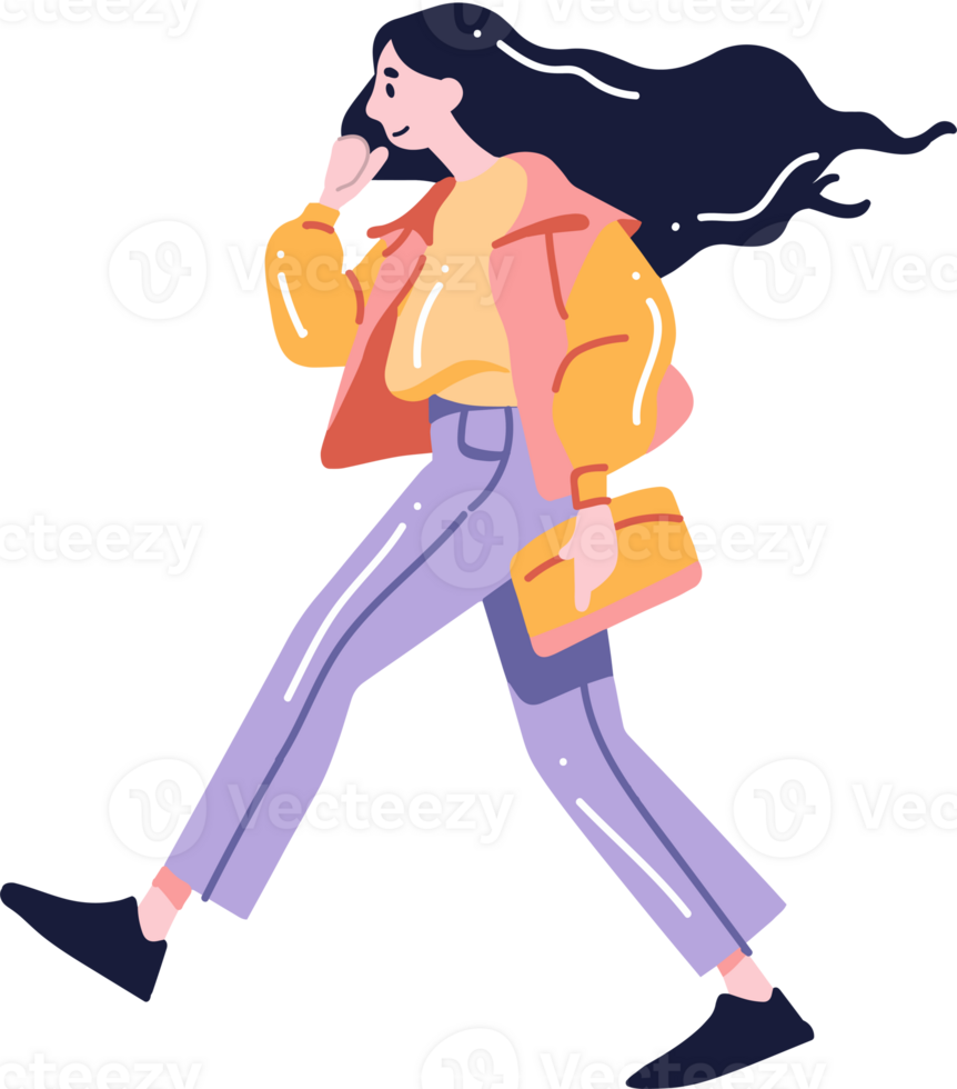 teenage woman walking or running in flat style isolated on background png