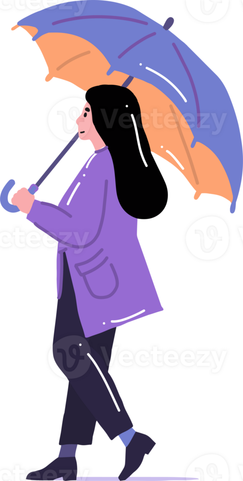 young woman walking with umbrella in flat style isolated on background png