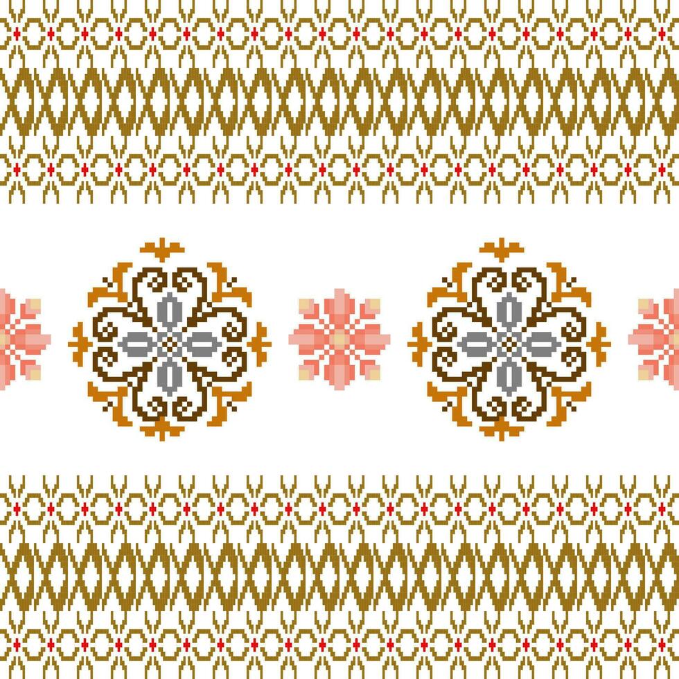Floral Cross Stitch Embroidery on white background.geometric ethnic oriental seamless pattern traditional.Aztec style abstract vector illustration.design for texture,fabric,clothing,wrapping,sarong.