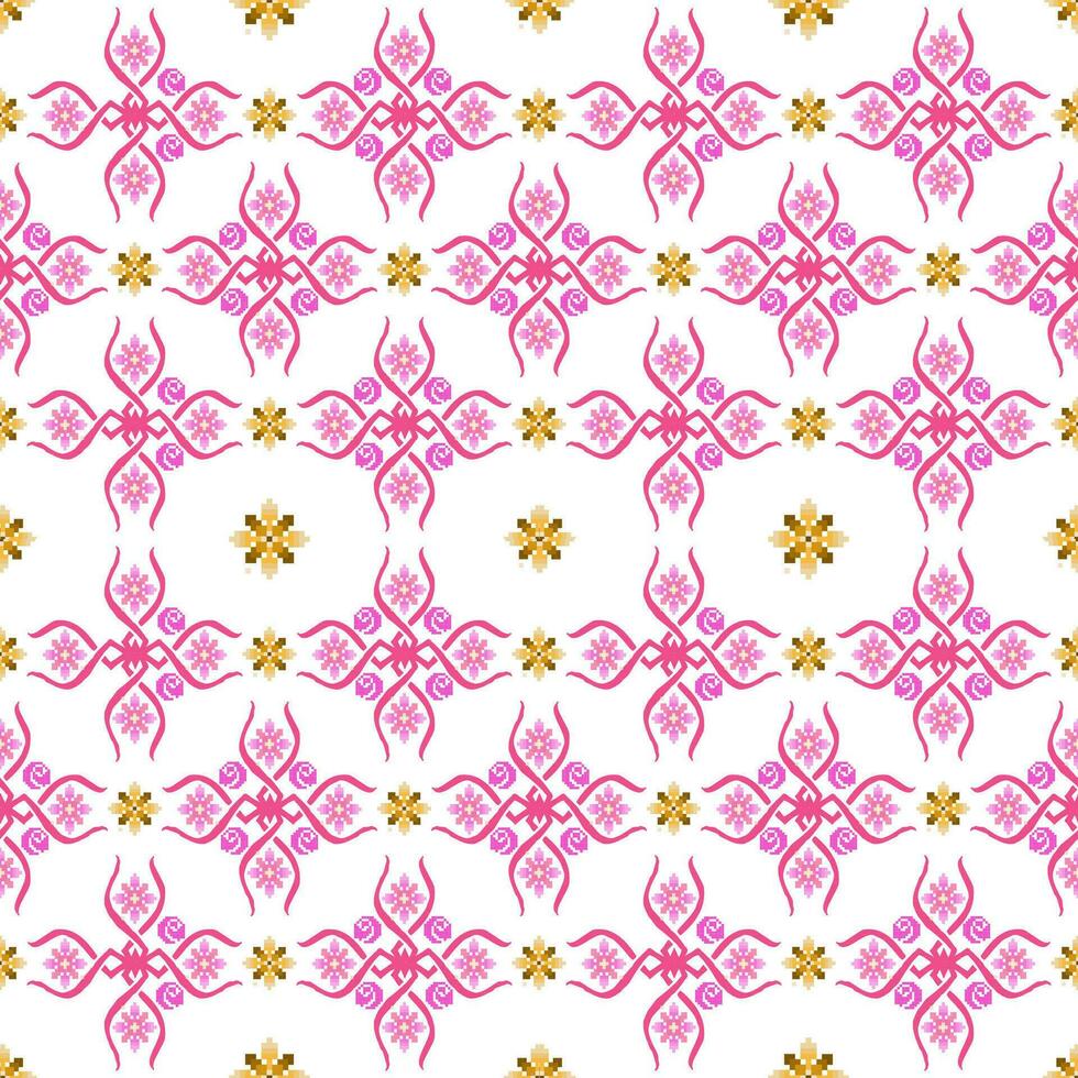 Floral Cross Stitch Embroidery on white background.geometric ethnic oriental seamless pattern traditional.Aztec style abstract vector illustration.design for texture,fabric,clothing,wrapping,sarong.
