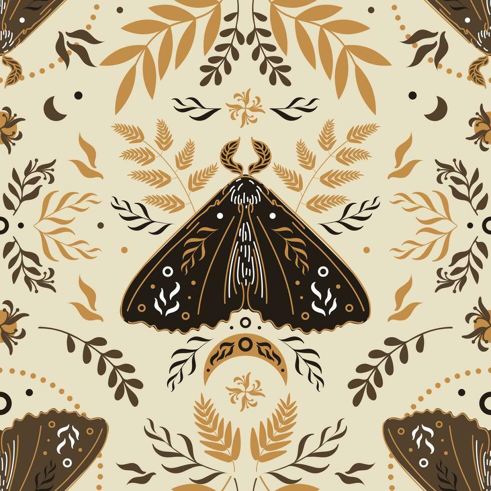 Moth, phases of the moon and stars, wormwood and fern. Seamless pattern in scandinavian folk style. Halloween, magic, witchcraft, astrology, mysticism. For wallpaper, fabric, background. vector