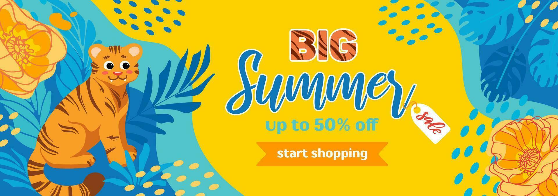 Bright summer sale horizontal banner. Tiger, tropical leaves and flowers. In bright yellow blue neon colors. Hippie, psychedelic. For advertising, website, flyer. vector
