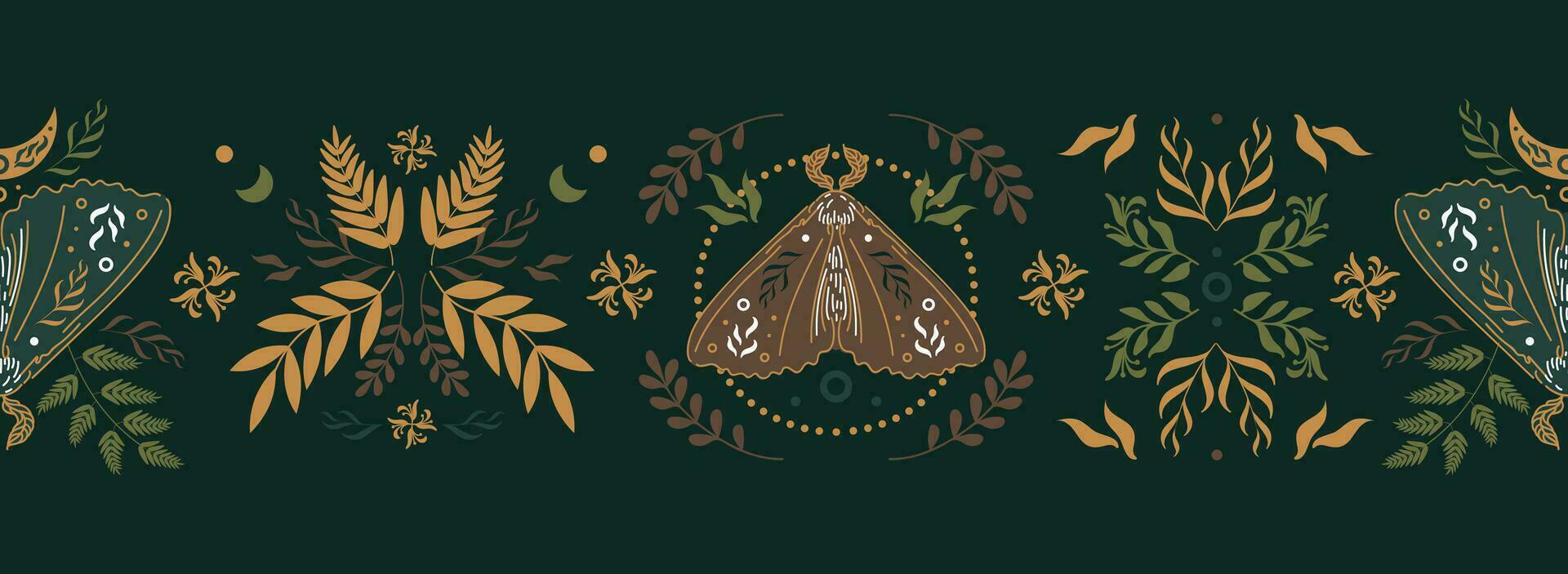 Natural magic motif in Scandinavian folk style. Vintage illustration. Seamless border with butterflies, ferns and other forest herbs. Fairy forest. For printing on fabric, wallpaper vector