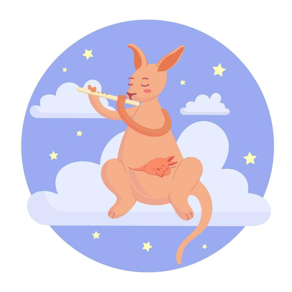 Cute children s illustration for decorating a nursery, postcards, posters, books, printing on clothes. A mother kangaroo plays a lullaby for her sleeping baby, sitting on a cloud among the stars. vector