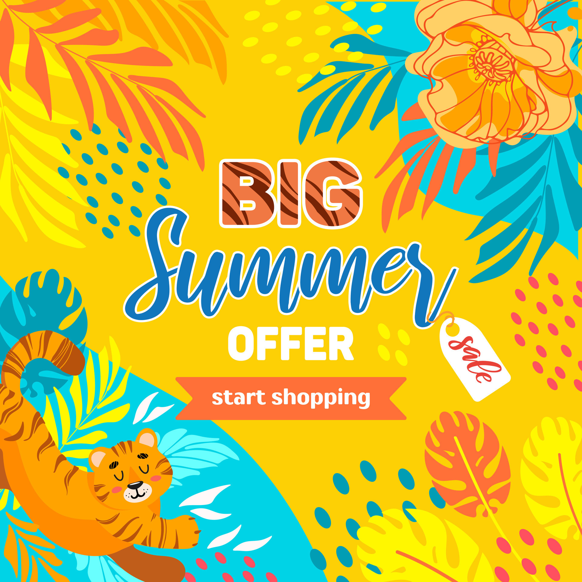 Bright summer square sale banner. Tiger, tropical leaves and flowers