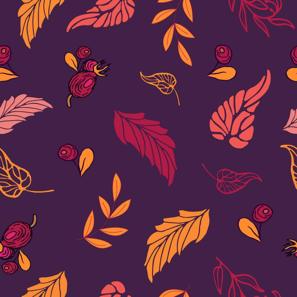 Rosehip with leaf pattern. Seamless pattern with rose hips on a twig in bright purple yellow orange colors. Autumn pattern with bright vector leaves and fruits. Autumn pattern of hand drawn doodles.