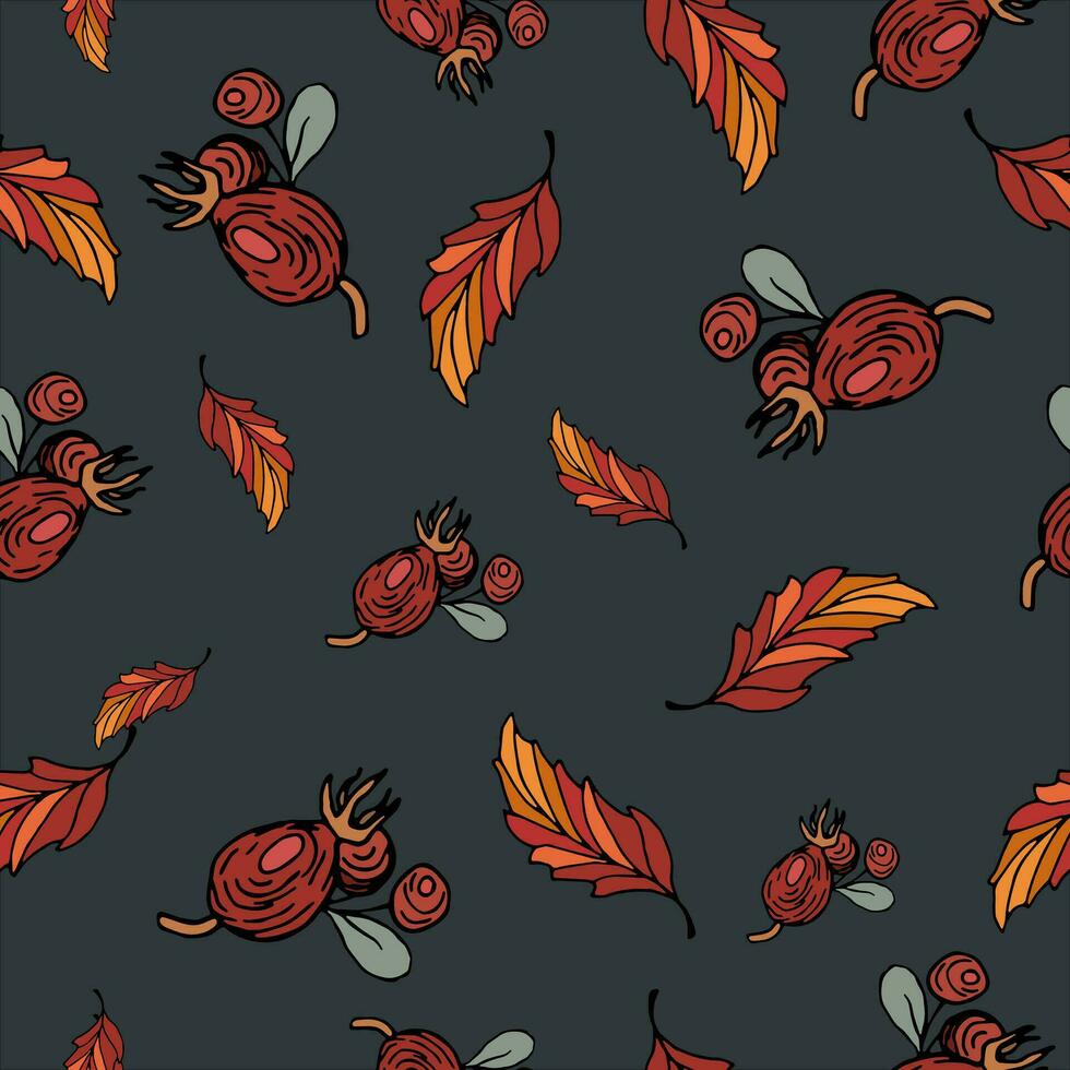 Rose hips, cranberries. Orange autumn tree leaves. Seamless bright pattern with floral motif. Sketch style. For wallpaper, printing on fabric, packaging, background. vector