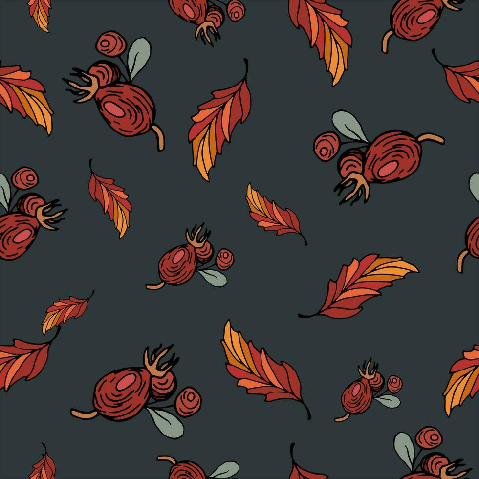 Rosa caderas, arándanos naranja otoño árbol hojas. sin costura brillante modelo con floral motivo. bosquejo estilo. para fondo de pantalla, impresión en tela, embalaje, antecedentes. vector