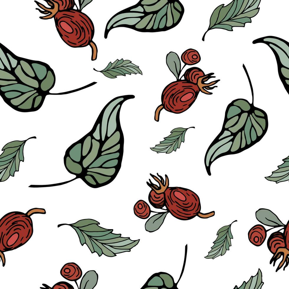 Rosa caderas, arándanos árbol hojas. sin costura brillante modelo con floral motivo. bosquejo estilo. para fondo de pantalla, impresión en tela, embalaje, antecedentes. vector