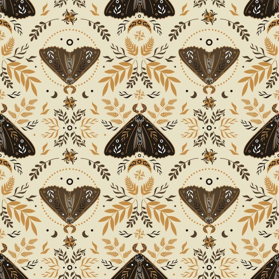 Natural magic motif in Scandinavian folk style. Vintage illustration. Seamless pattern with butterflies, ferns and other forest herbs. Fairy forest. In earthy tones. For printing on fabric, wallpaper vector