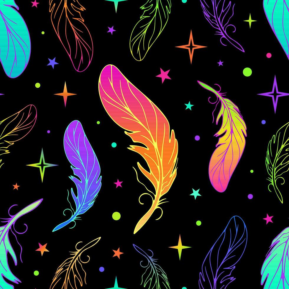 Feathers seamless bright gradient pattern in modern style. Stars and space in neon colors. Tribal theme, 90s, hippie, psychedelic, dream catchers, boho chic. For wallpaper, fabric, background. vector