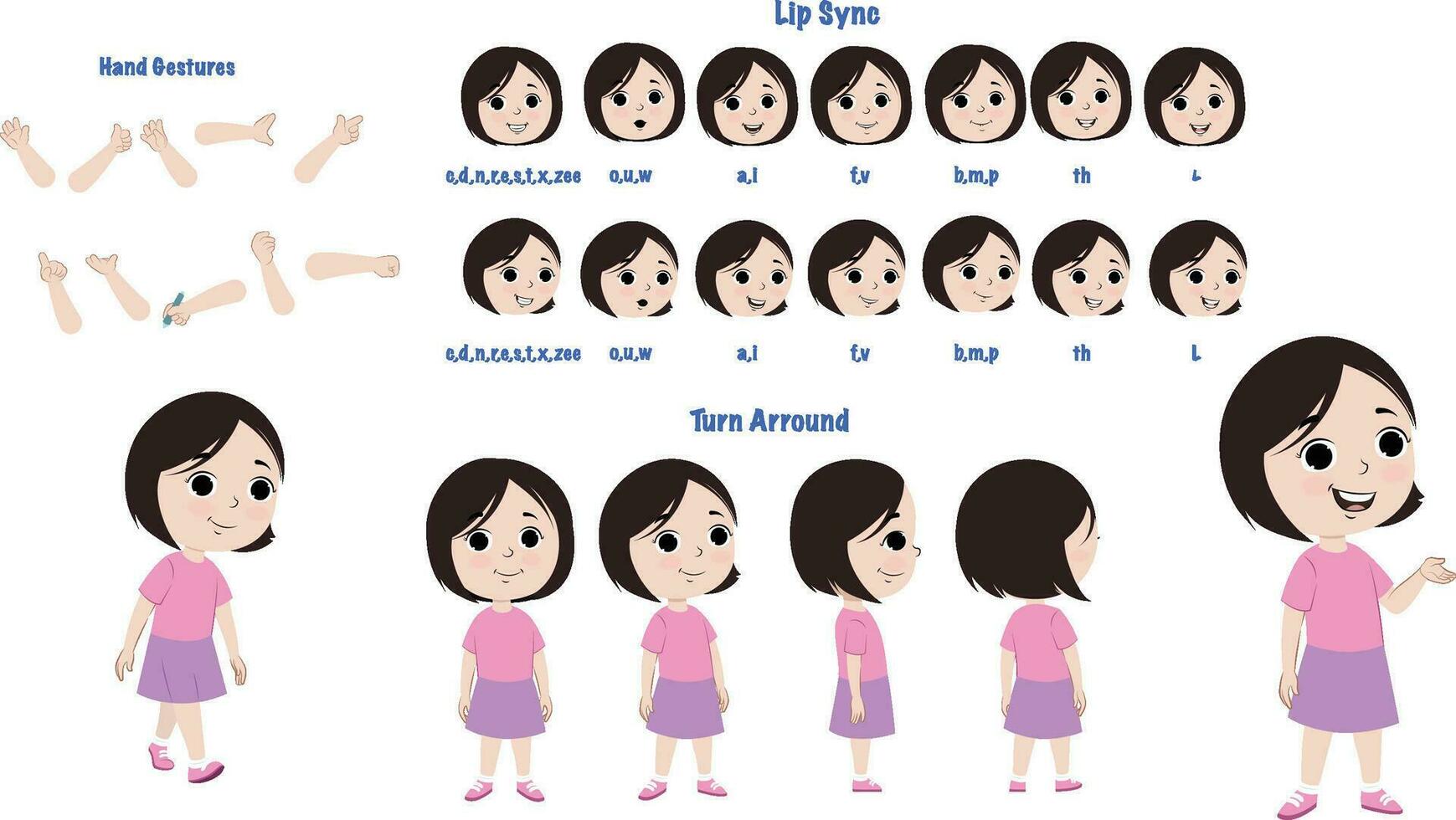 A girl character model sheet for animation. Kids character model sheet with lips sync, hand gesture, turn around sheet vector