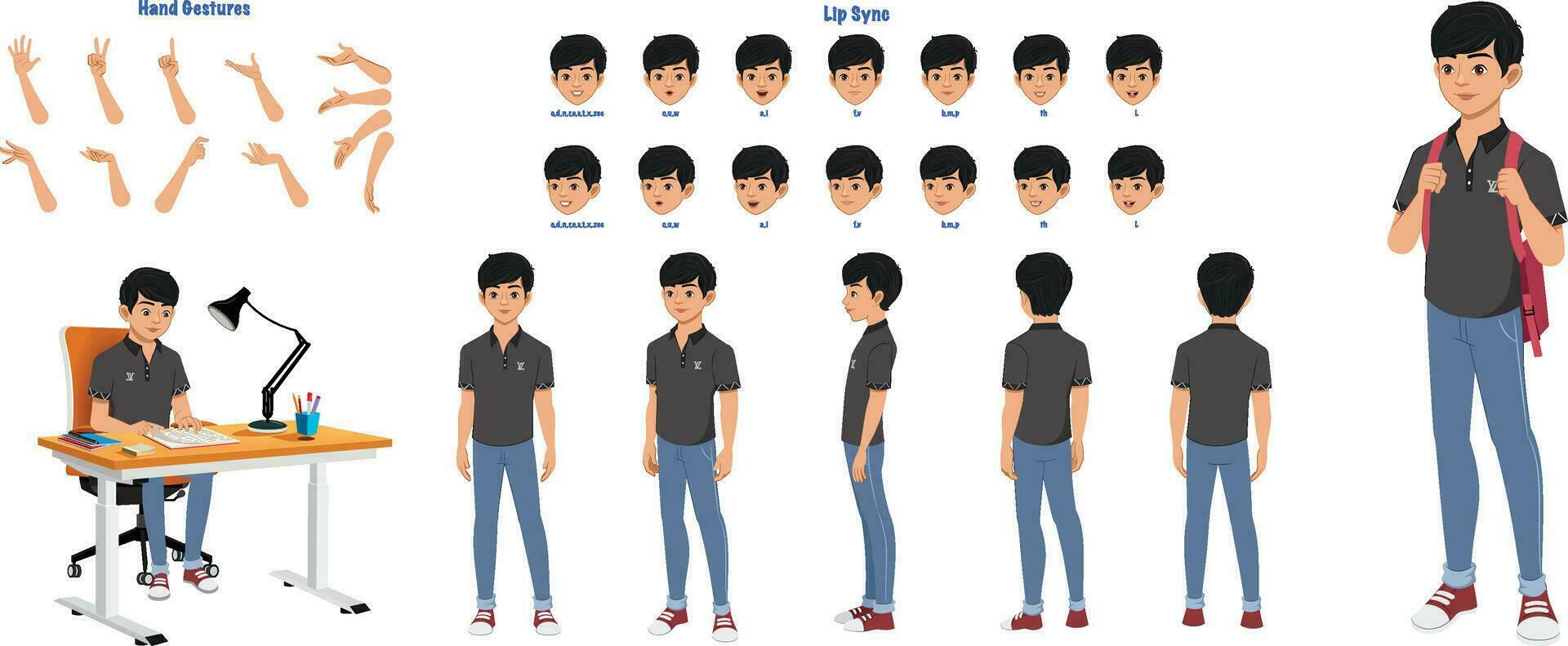 A School boy character model sheet. Student creation set. Male turnaround sheet vector