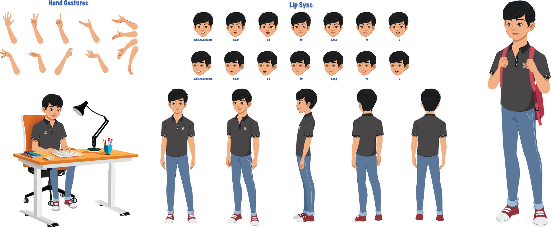 A School boy character model sheet. Student creation set. Male A School boy character model sheet. Student creation set. Male