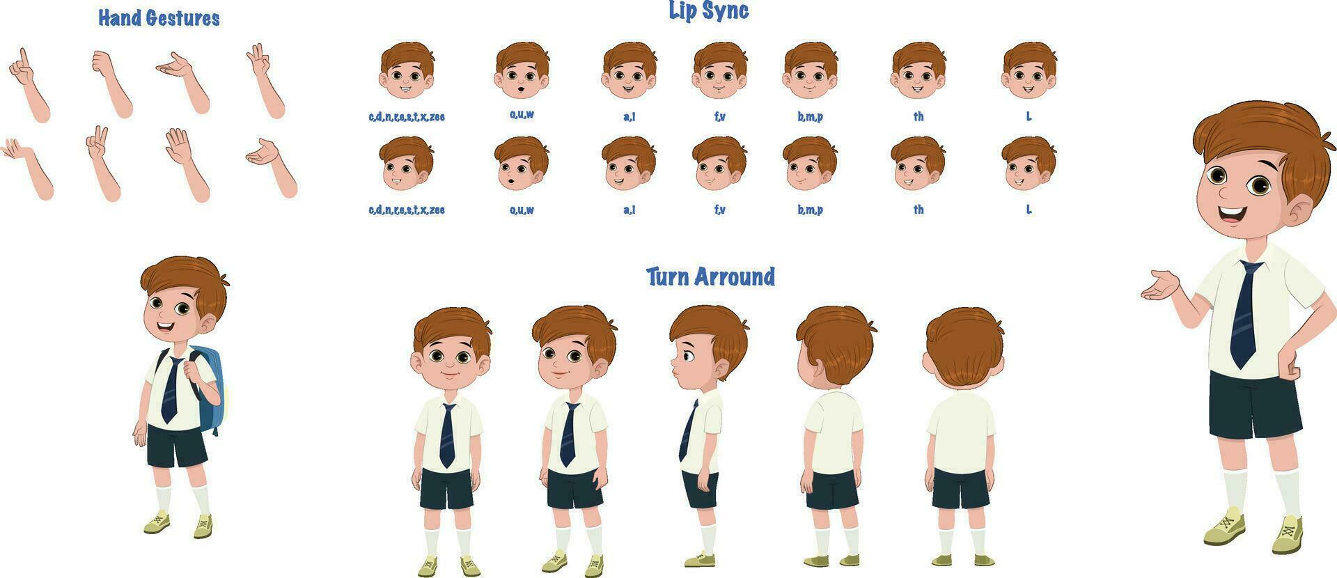 A School boy character model sheet. Student creation set. Male turnaround sheet vector