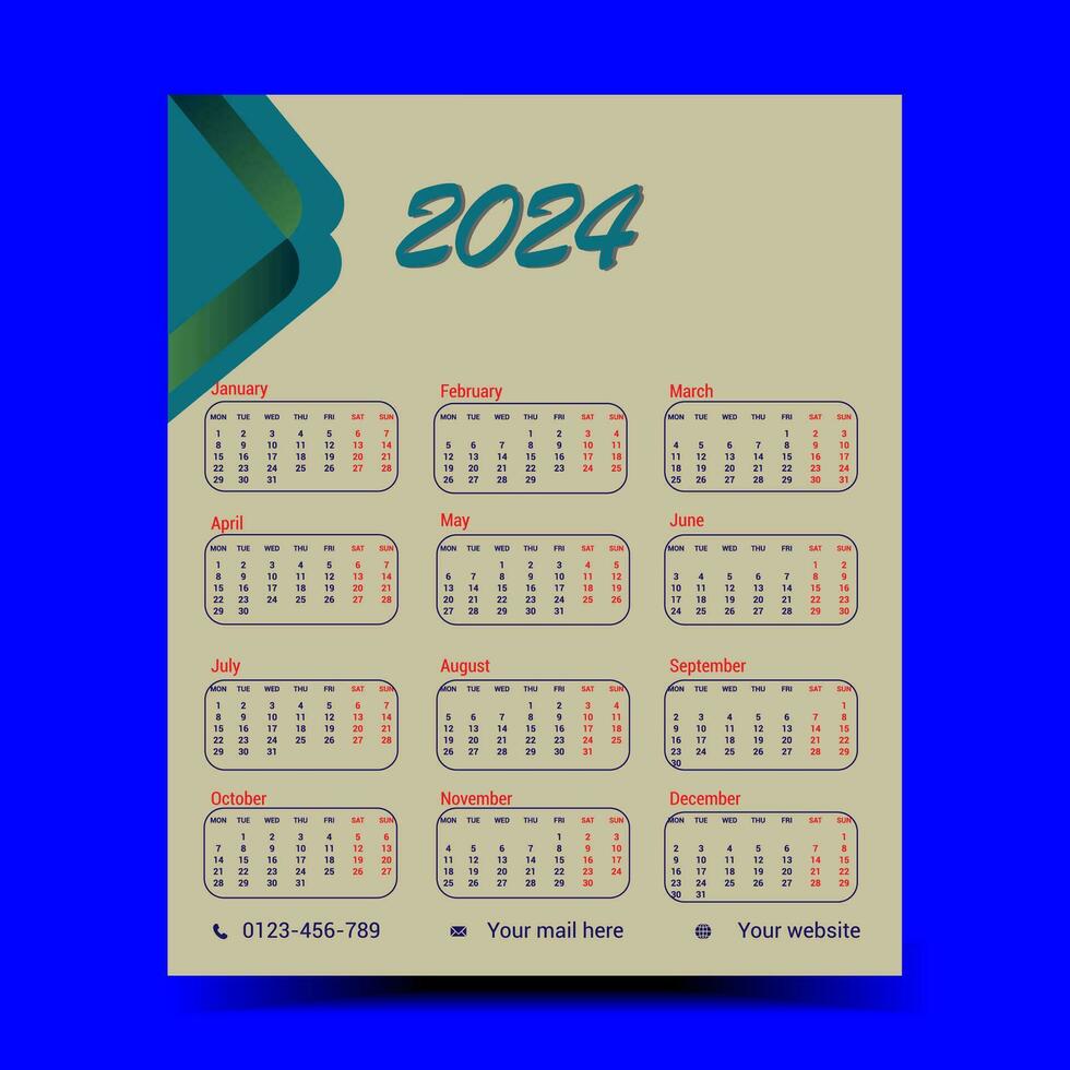 2024 One page calendar, 2024 calendar, Calendar 2024 vector