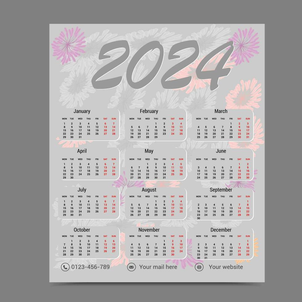 2024 One page calendar, 2024 calendar, Calendar 2024 vector
